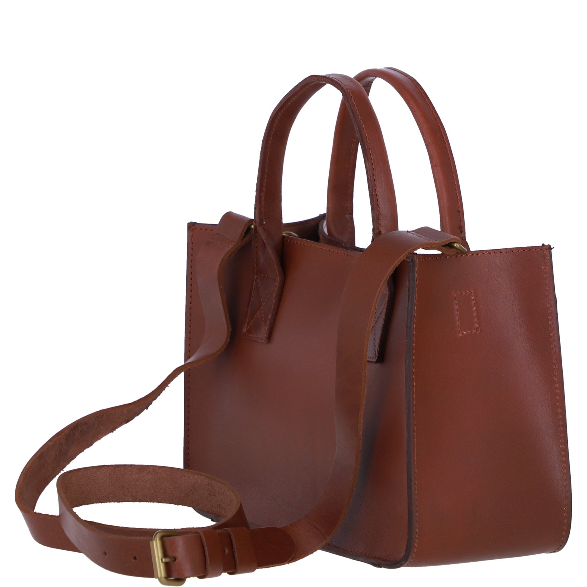 Exquisite Genuine Leather Small Structured Tote Bag with Detachable Strap and Pouch in Tan: S-01
