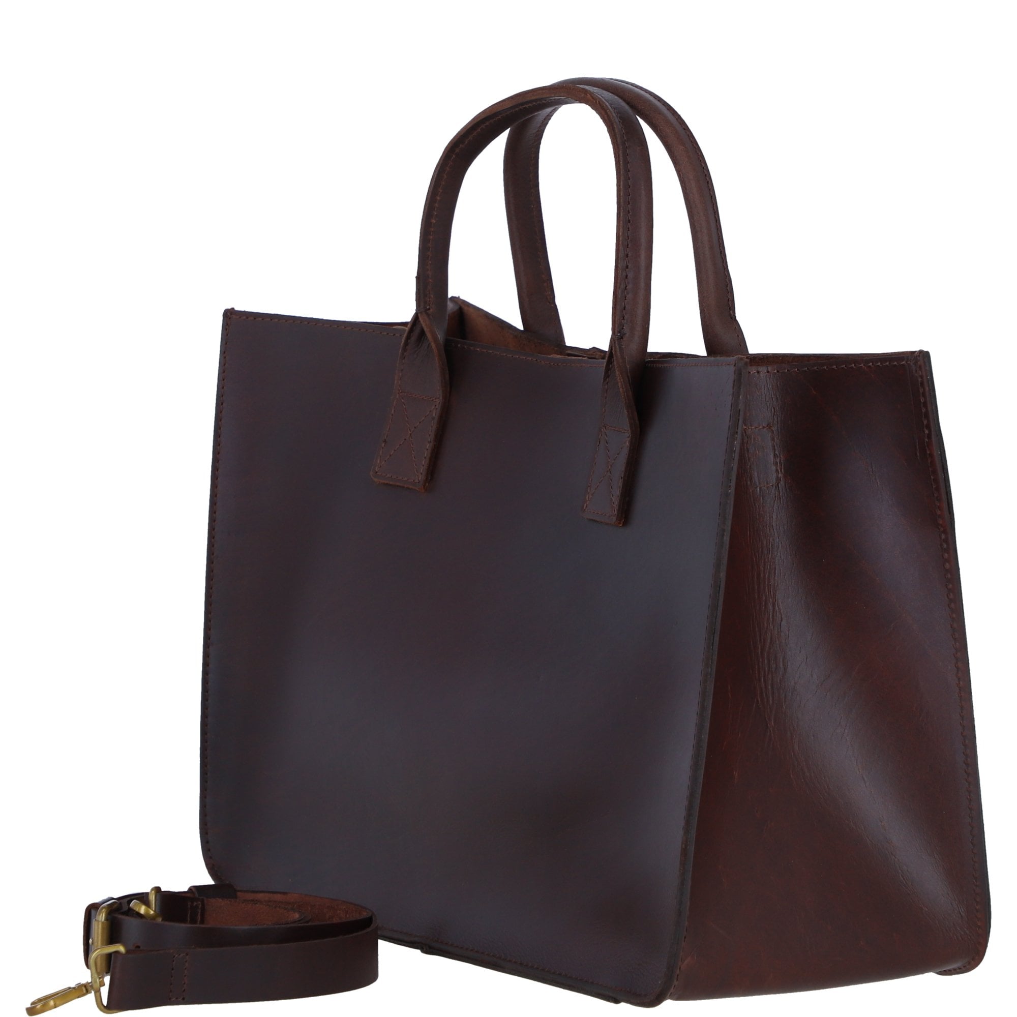 Exquisite Genuine Leather Large Structured Tote Bag with Detachable Strap and Pouch in Brandy: S-03