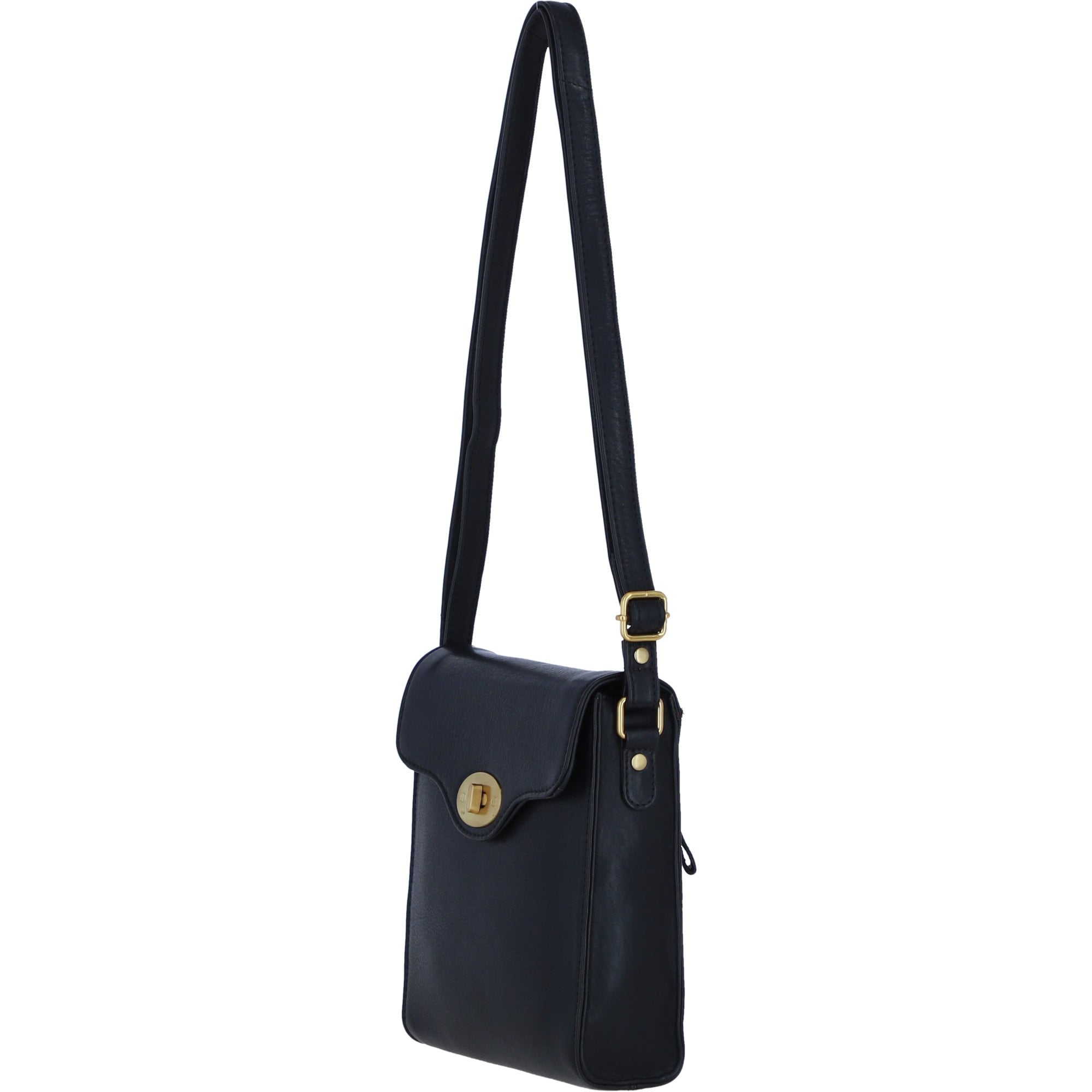 Genuine Leather Crossbody Bag with Twist Lock for Women in Black: L-34