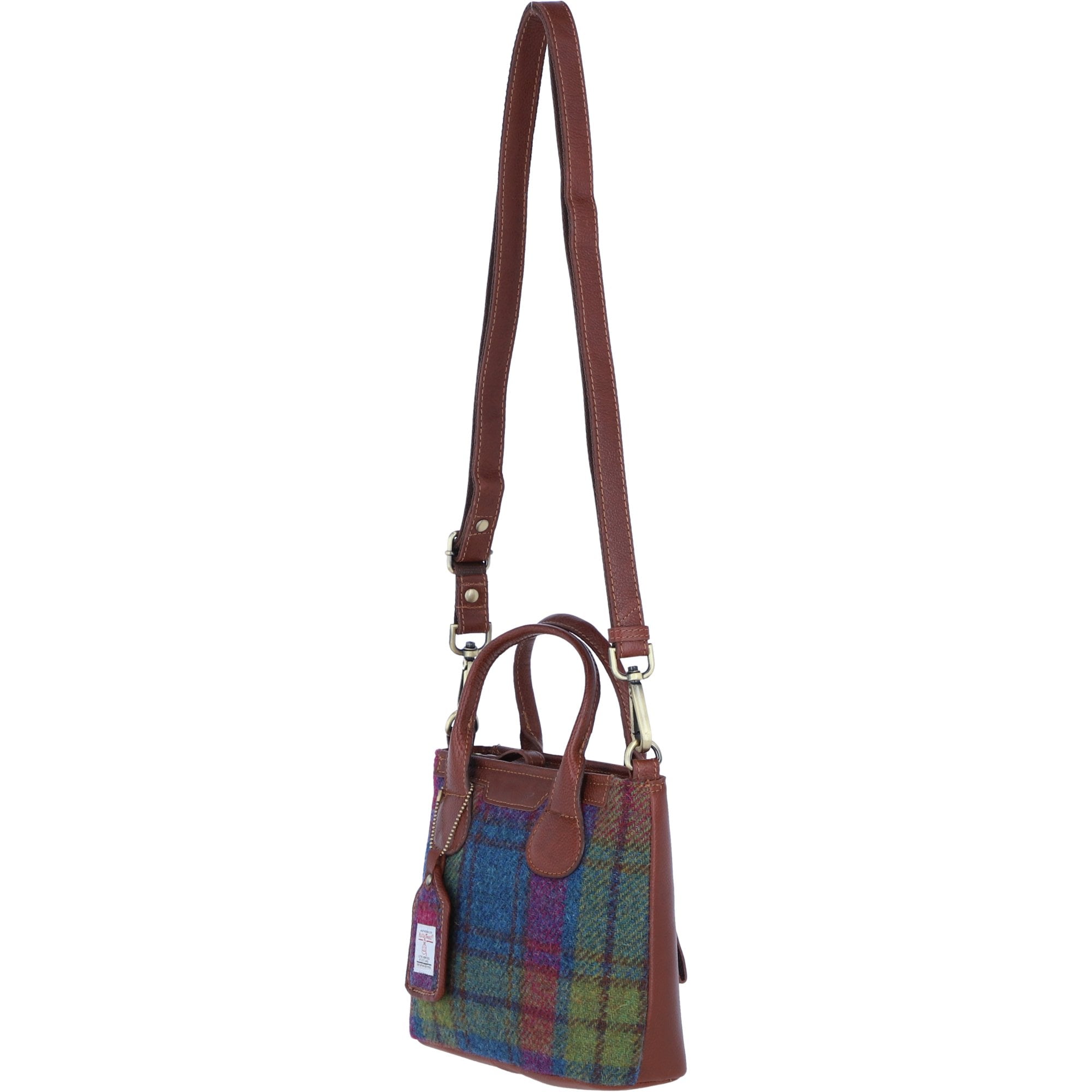 Ashwood Leather & Harris Tweed® Cloth Handbag with Removable Crossbody Strap Tan/Purple: TW-21-13-TP