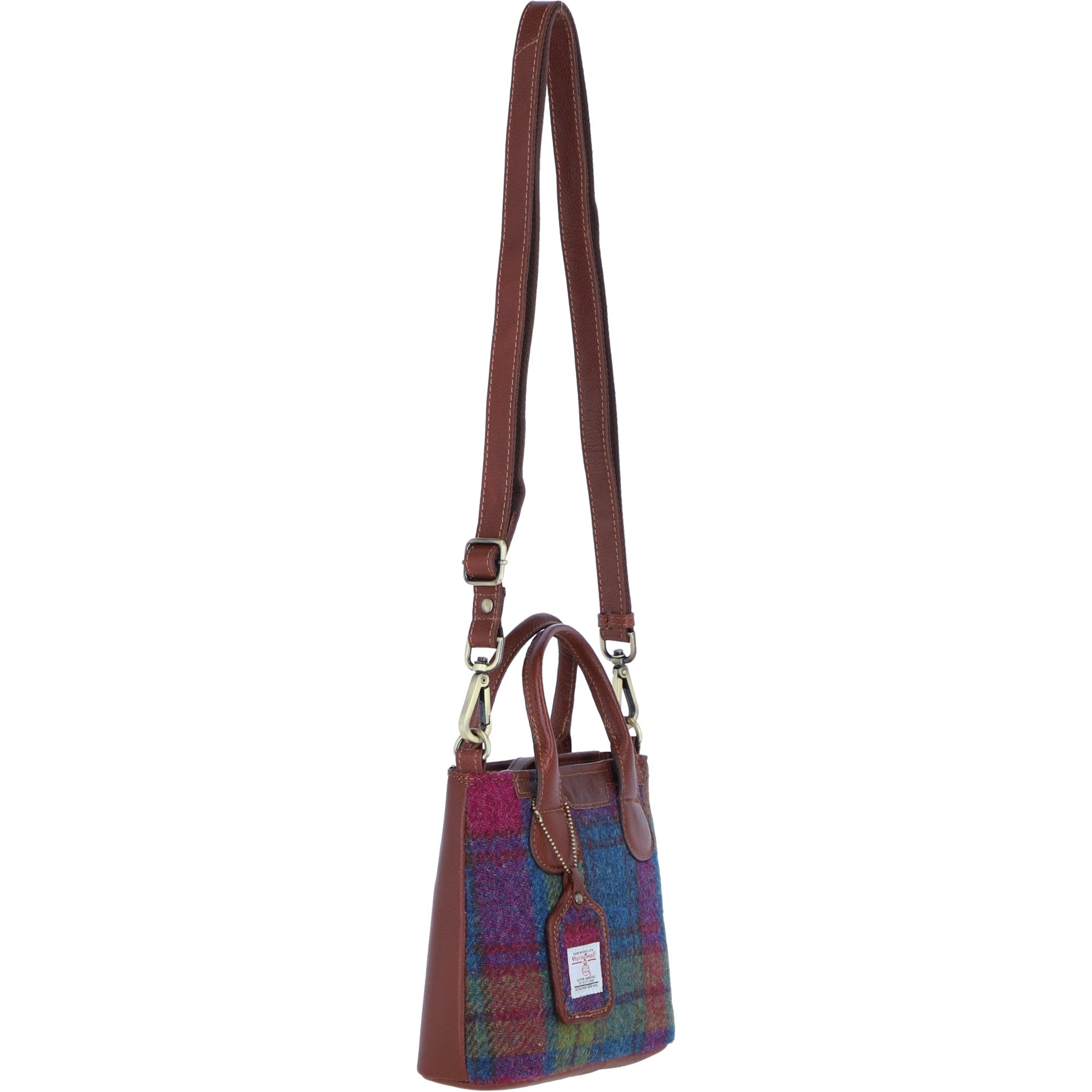 Ashwood Leather & Harris Tweed® Cloth Handbag with Removable Crossbody Strap Tan/Purple: TW-21-13-TP
