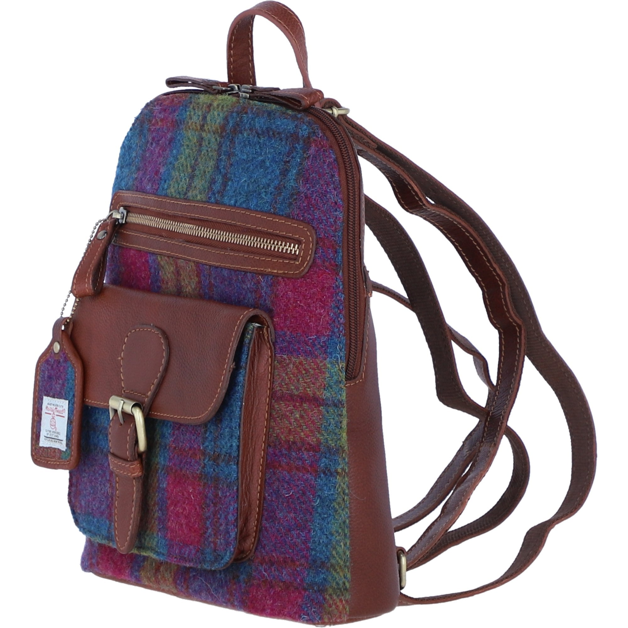 Exquisite Ashwood Leather & Harris Tweed® Cloth Backpack Tan/Purple: TW-25-13-TP