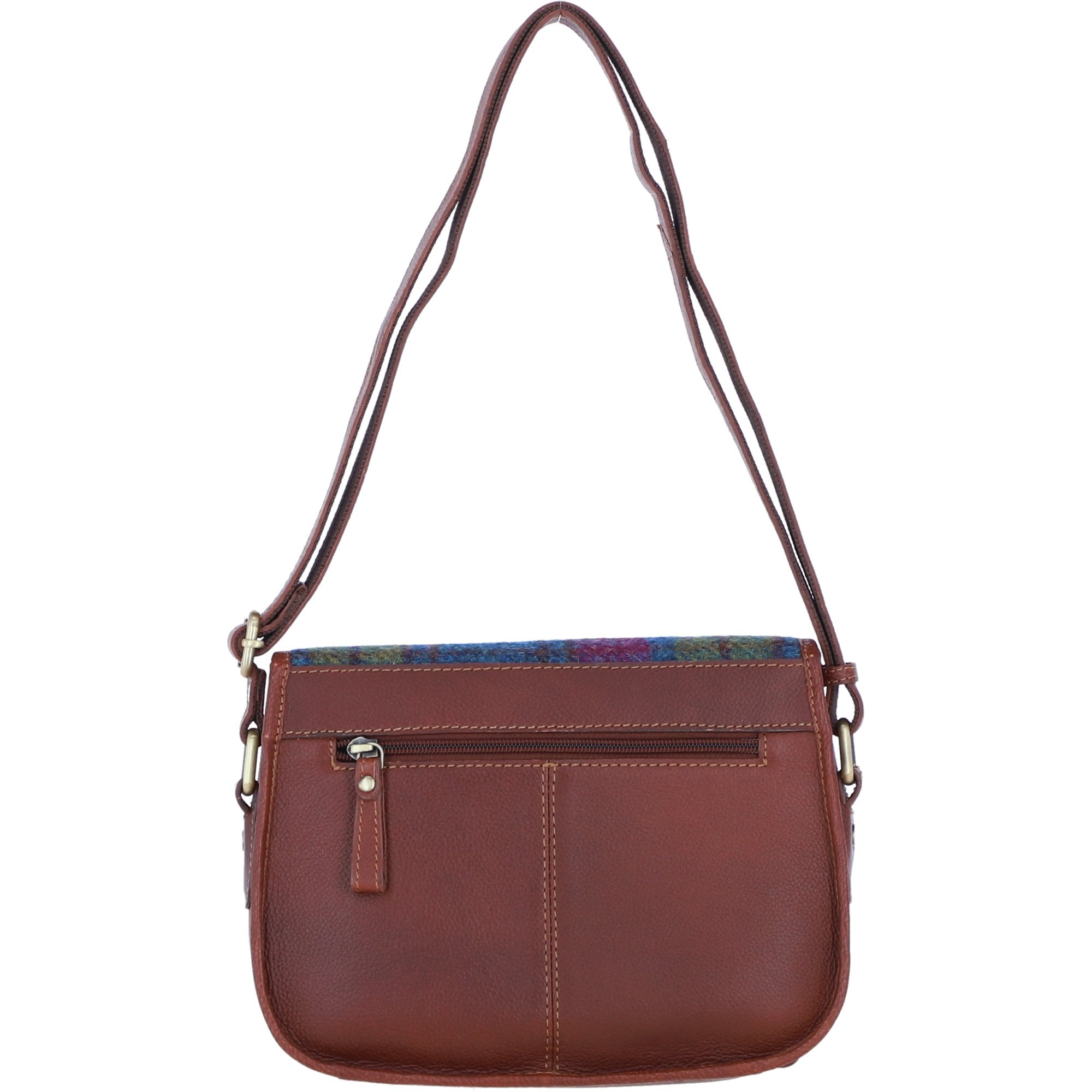 Elegant Ashwood Leather & Harris Tweed® Cloth Crossbody Bag Tan/Purple: TW-27-013-TP