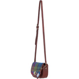 Ashwood Leather & Harris Tweed® Cloth Saddle Crossbody Bag with Twist Lock Tan/Purple: TW-30-013-TP