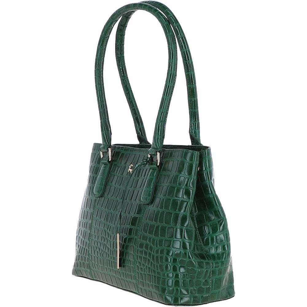 Ashwood Leather Crocodile Print Two Section With Mid Purse Bag Green: C-54