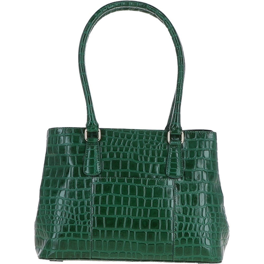 Ashwood Leather Crocodile Print Two Section With Mid Purse Bag Green: C-54
