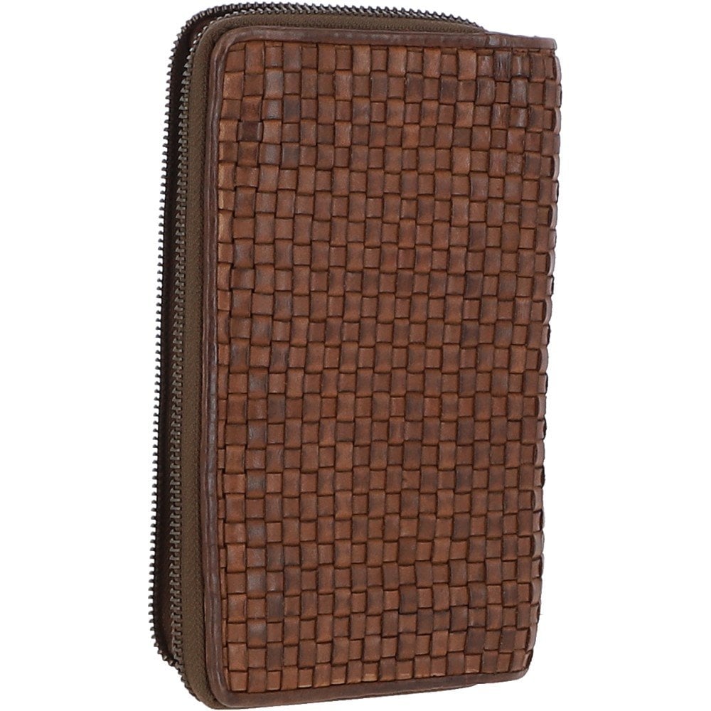 Vintage Woven Leather Zip Around Large 22 Card Coin Note Purse Taupe: D-84