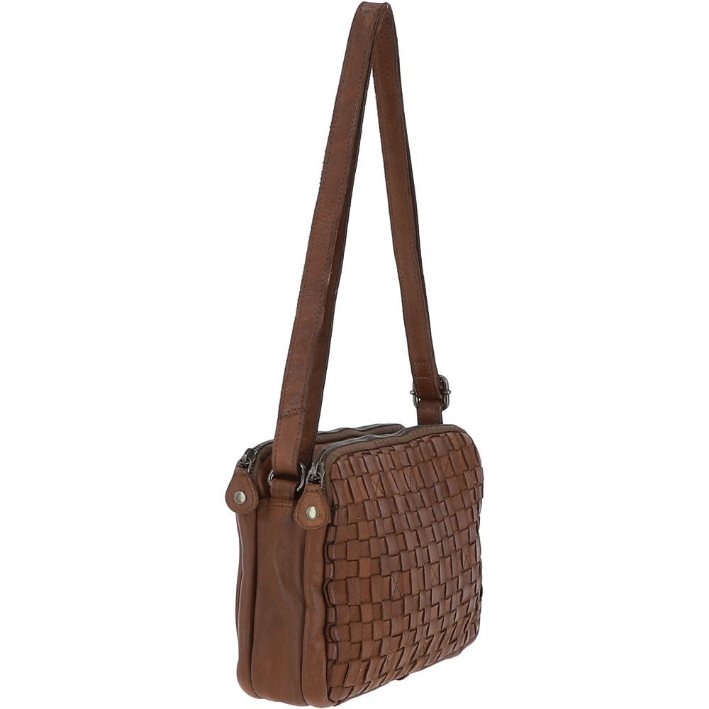 Vintage Woven Leather Shoulder Bag Taupe: D-73