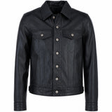 Ashwood Leather Men's Classic Denim Style Button Genuine Leather Trucker Jacket in Black: AWM-Trucker
