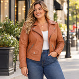 Exquisite Ashwood Leather Ladies Plus Size Biker Jacket Tan: AWL-1881 Plus