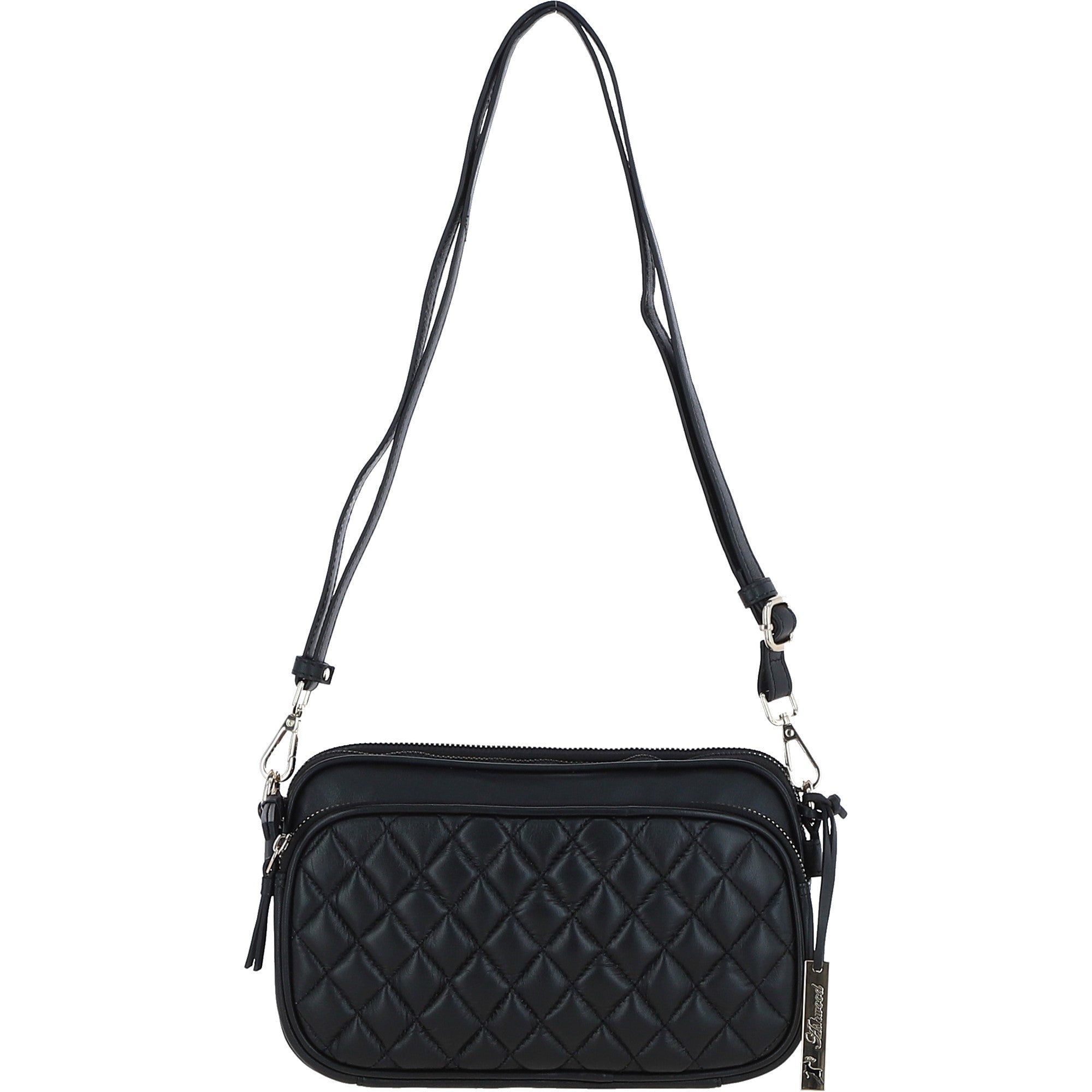 Leather Twin Zip Quilted Crossbody Bag Black: 63624