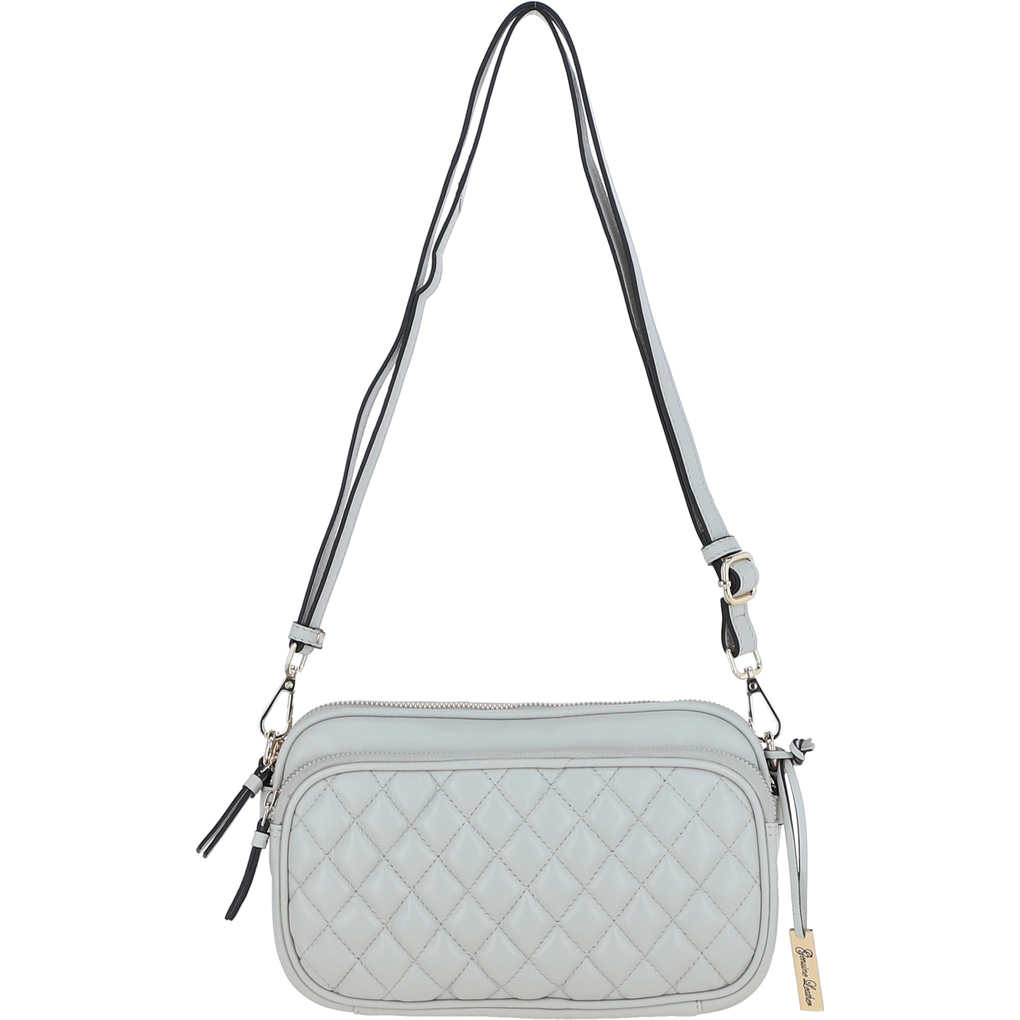 Leather Twin Zip Quilted Crossbody Bag Ice Grey: 63624
