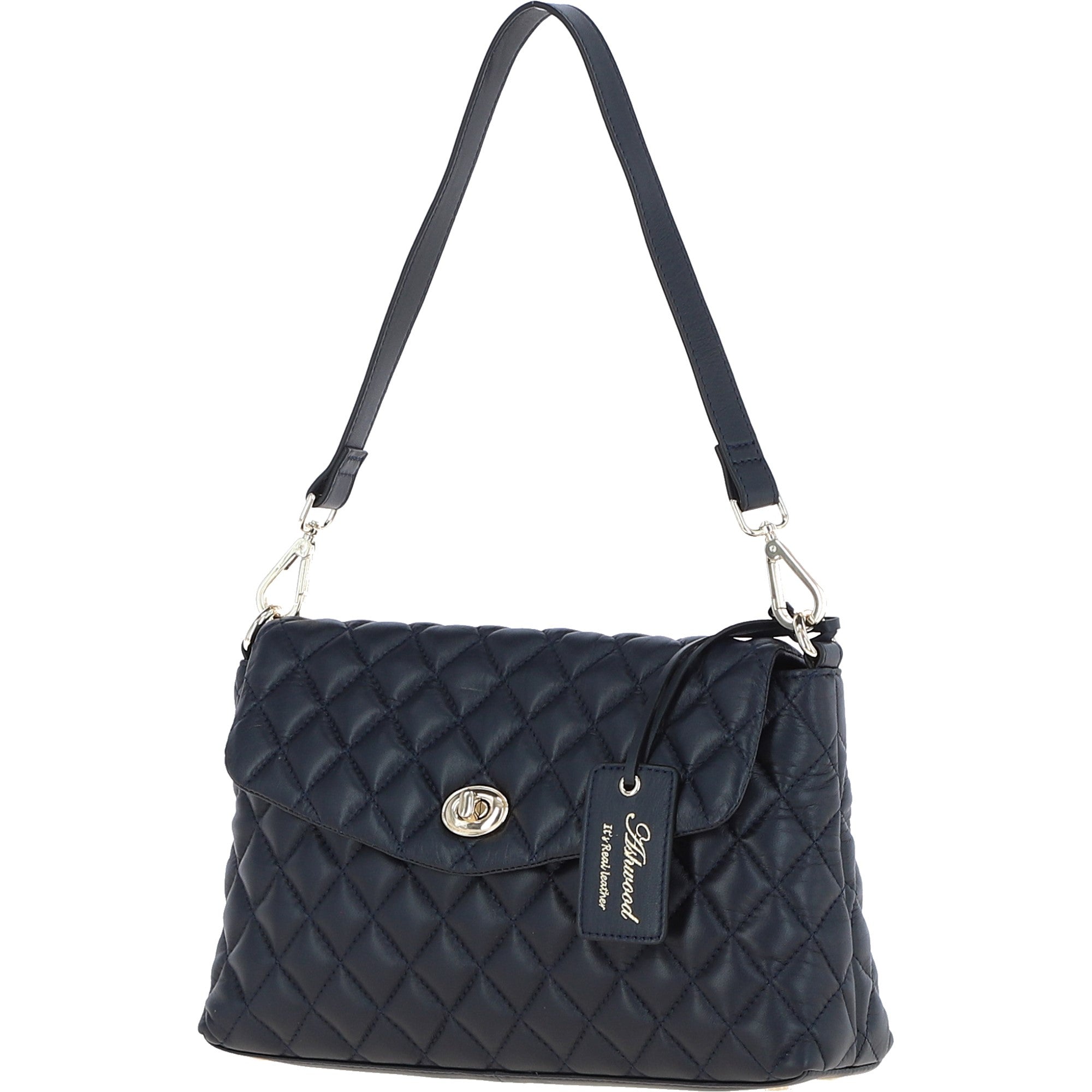 Real Leather Flapover Quilted Bag Cotswold Navy: 63858