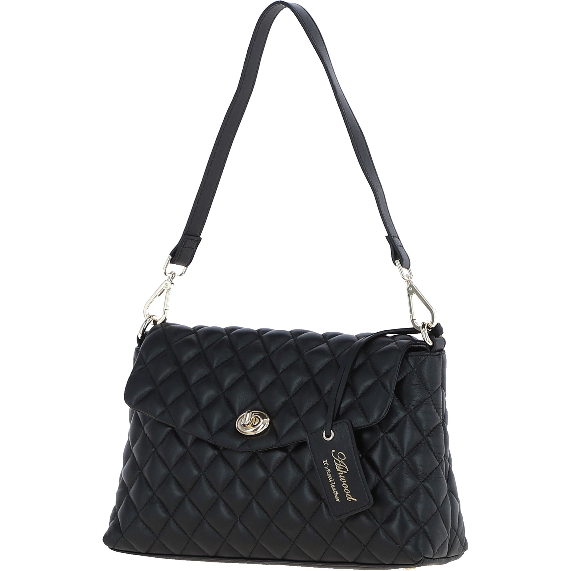 Real Leather Flapover Quilted Bag Black: 63858