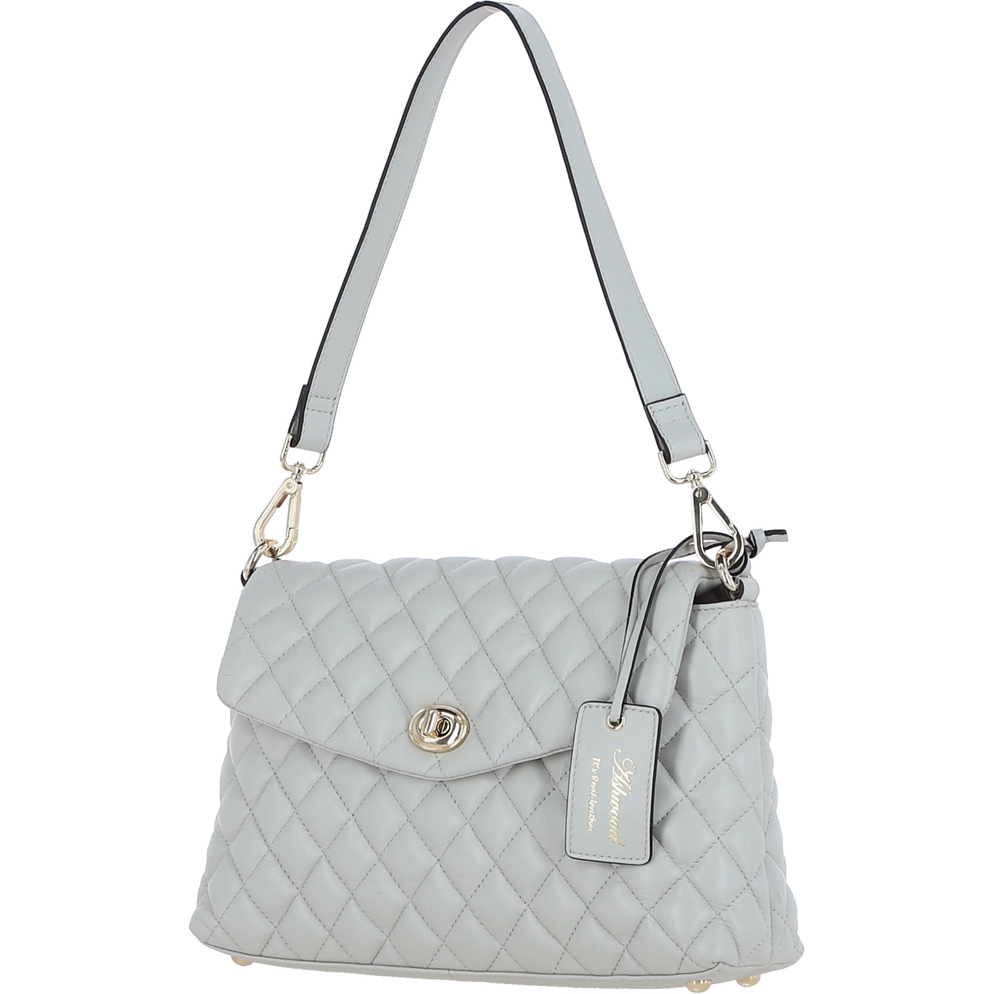 Real Leather Flap over Quilted Bag Ice Grey: 63858