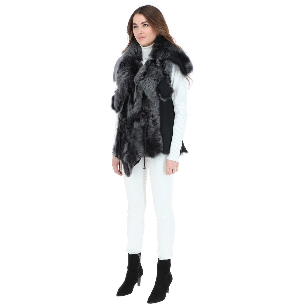 Double Collar Suede Leather Gilet Black/brissa: KB-529