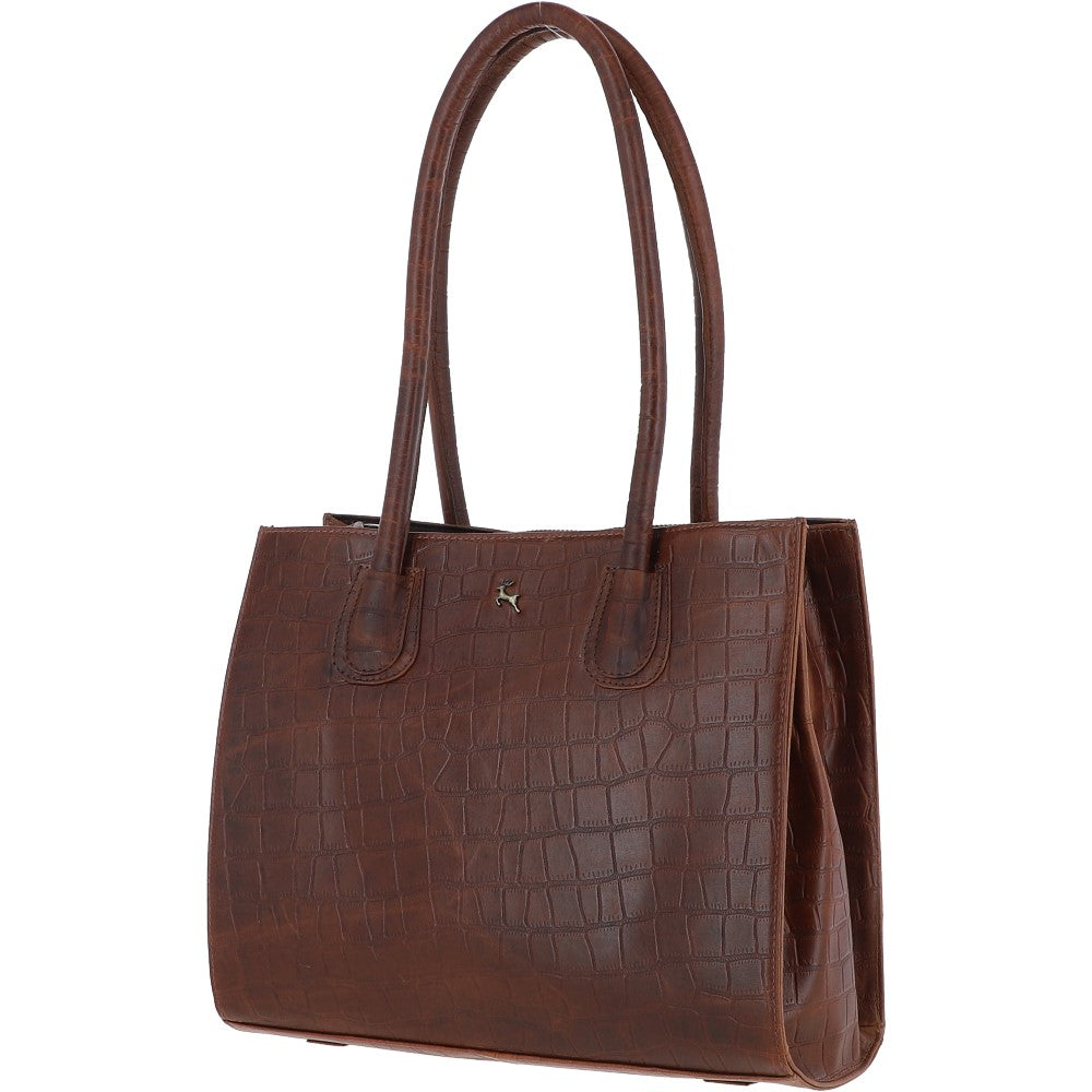 Ashwood Two Section Croc Print Leather Handbag Cognac: L-76