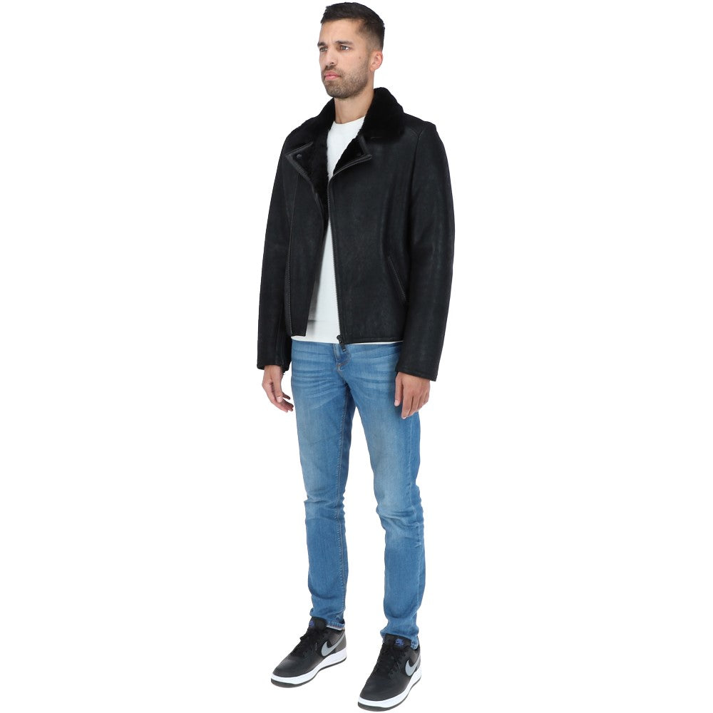 Side Zip Biker Sheepskin Pilot Jacket Black: KE-193