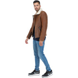 Side Zip Biker Sheepskin Pilot Jacket Tan: KE-193