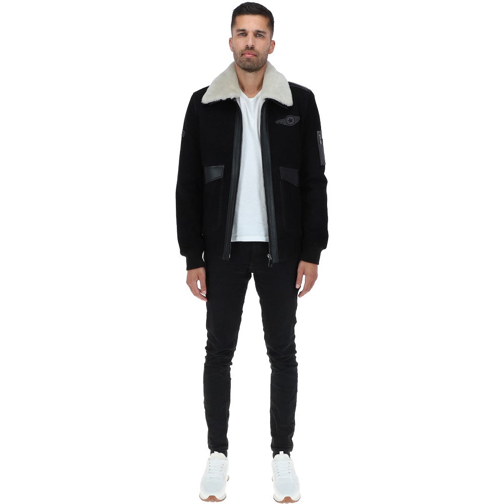 Luxury  Leather Pilot Jacket With Detachable Collar Black/cream: NCAF1