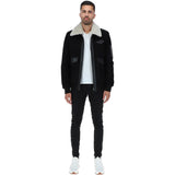 Luxury  Leather Pilot Jacket With Detachable Collar Black/cream: NCAF1