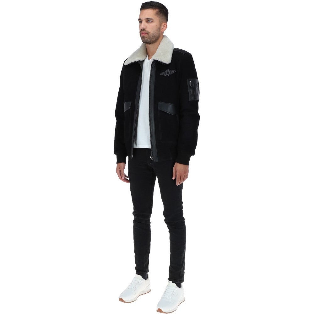 Luxury  Leather Pilot Jacket With Detachable Collar Black/cream: NCAF1
