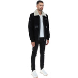 Luxury  Leather Pilot Jacket With Detachable Collar Black/cream: NCAF1