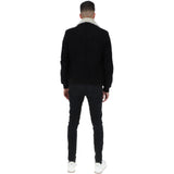 Luxury  Leather Pilot Jacket With Detachable Collar Black/cream: NCAF1