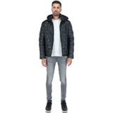 Leather Detachable Hood Puffer Jacket Navy: Nello