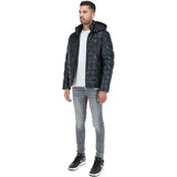 Leather Detachable Hood Puffer Jacket Navy: Nello