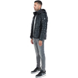Leather Detachable Hood Puffer Jacket Navy: Nello