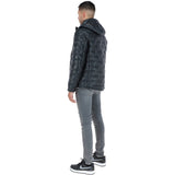 Leather Detachable Hood Puffer Jacket Navy: Nello