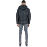 Leather Detachable Hood Puffer Jacket Navy: Nello