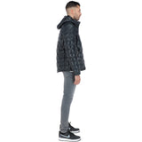 Leather Detachable Hood Puffer Jacket Navy: Nello