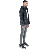 Leather Detachable Hood Puffer Jacket Navy: Nello