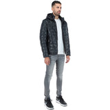 Leather Detachable Hood Puffer Jacket Navy: Nello