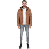 Leather Detachable Hood Puffer Jacket Cognac: Nello