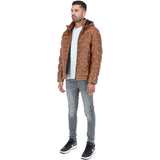 Leather Detachable Hood Puffer Jacket Cognac: Nello