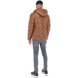 Leather Detachable Hood Puffer Jacket Cognac: Nello