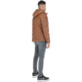 Leather Detachable Hood Puffer Jacket Cognac: Nello