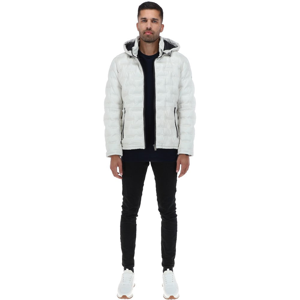 Leather Detachable Hood Puffer Jacket White: Nello