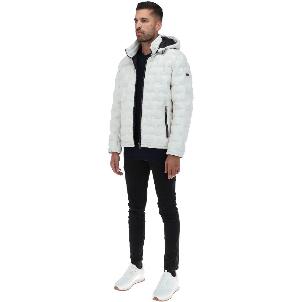 Leather Detachable Hood Puffer Jacket White: Nello