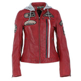 Women's Detachable Hood Leather Biker Jacket Red: Sofi