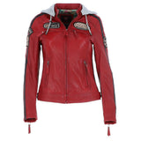 Women's Detachable Hood Leather Biker Jacket Red: Nirma