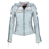 Women's Detachable Hood Leather Biker Jacket Stone Wash: Diana