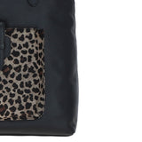 Black Leather Shoulder Bag with Leopard Print Pocket: ELA 1128