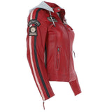 Women's Detachable Hood Leather Biker Jacket Red: Nirma