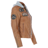 Women's Detachable Hood Leather Biker Jacket Cognac: Sofi