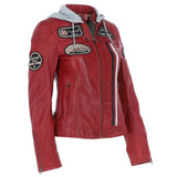 Women's Detachable Hood Leather Biker Jacket Red: Sofi