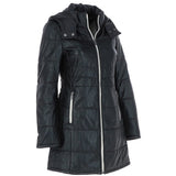 Women's Detachable Hood 3/4 Leather Jacket Black: Sofia